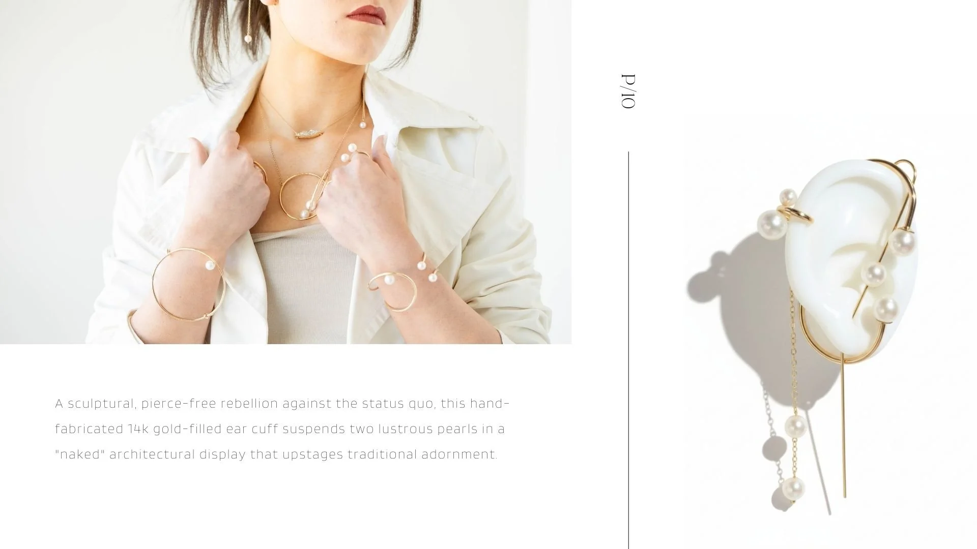 Aglow lookbook page featuring a model in a white jacket styling minimal gold-and-pearl jewelry, alongside a close-up product shot of a sculptural 14k gold-filled pearl ear cuff with a delicate chain drop and floating pearls on a white background.