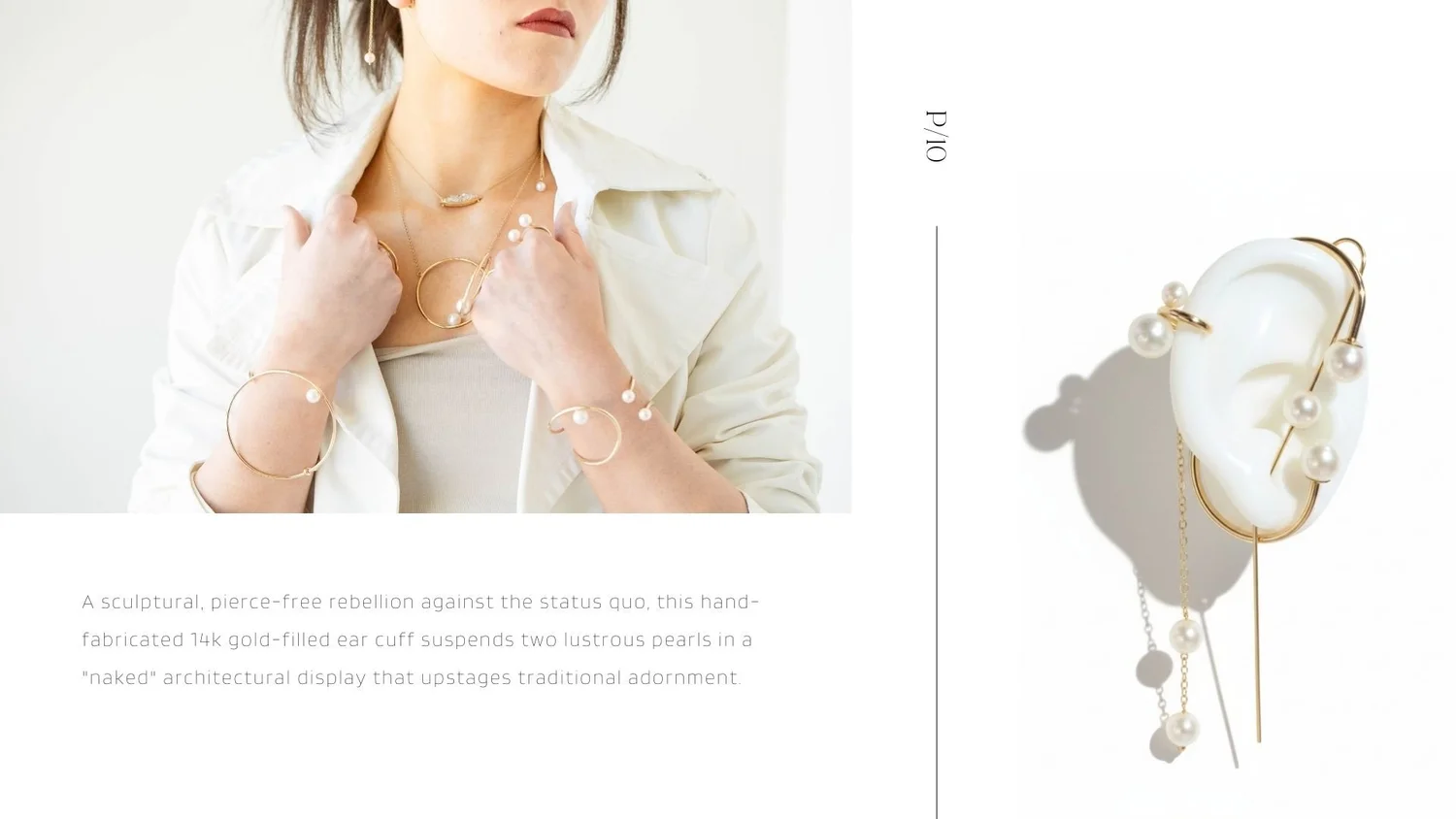 Aglow lookbook page featuring a model in a white jacket styling minimal gold-and-pearl jewelry, alongside a close-up product shot of a sculptural 14k gold-filled pearl ear cuff with a delicate chain drop and floating pearls on a white background.