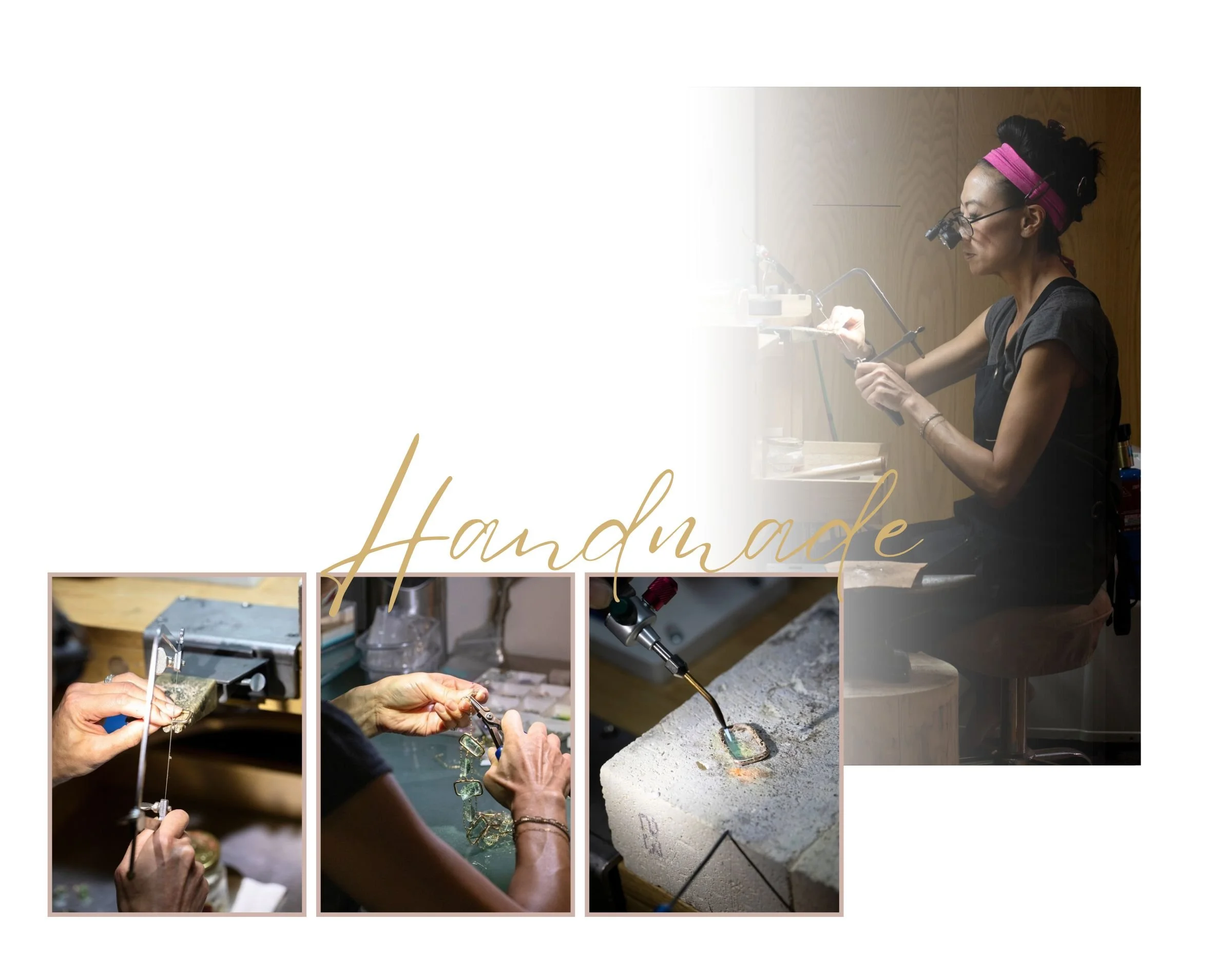 Andrea Li at her jewelry bench, with close-ups of sawing, assembling and soldering a piece, and the word Handmade