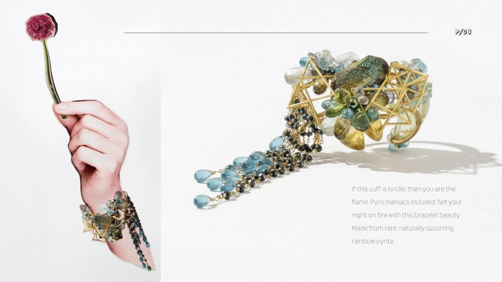 Lookbook spread showing a hand holding a flower while wearing a rainbow pyrite cuff bracelet with blue gemstone chain fringe.