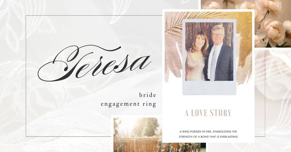 Client story graphic for Teresa's bride engagement ring, featuring elegant script text, a vintage-style snapshot of a smiling couple, and soft blush floral accents with the words "A Love Story" on a light textured background.