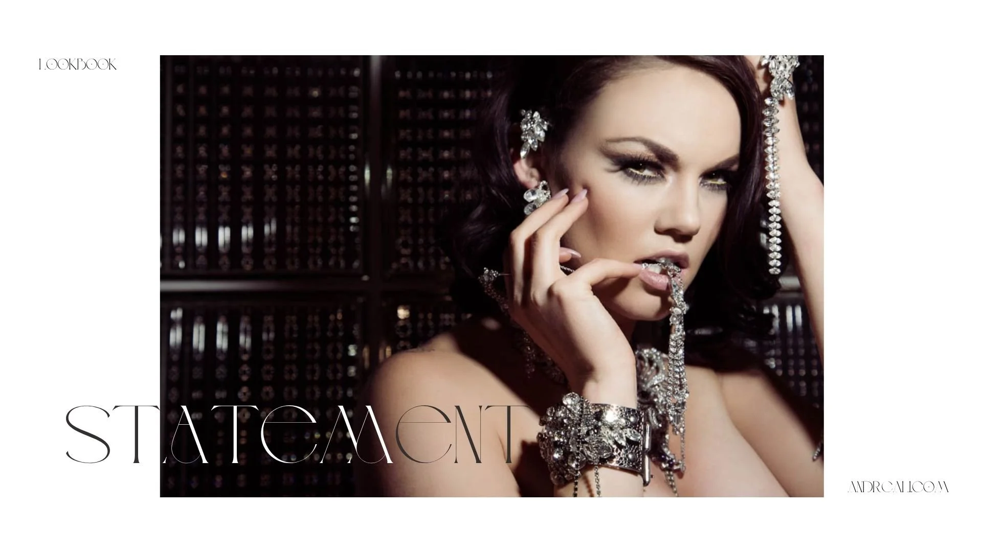 Editorial-style lookbook cover featuring a glamorous brunette model wearing dramatic crystal statement jewelry, with the word “STATEMENT” in large text over a dark, moody background.
