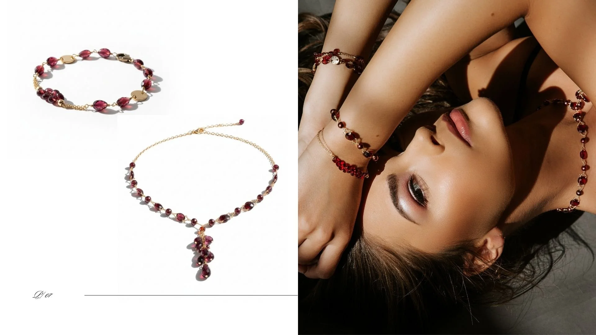 Eros garnet lookbook spread showing a gold-and-garnet bracelet and a delicate garnet necklace with a dangling cluster pendant on white, alongside a portrait of a model wearing garnet bracelets and a garnet chain necklace.