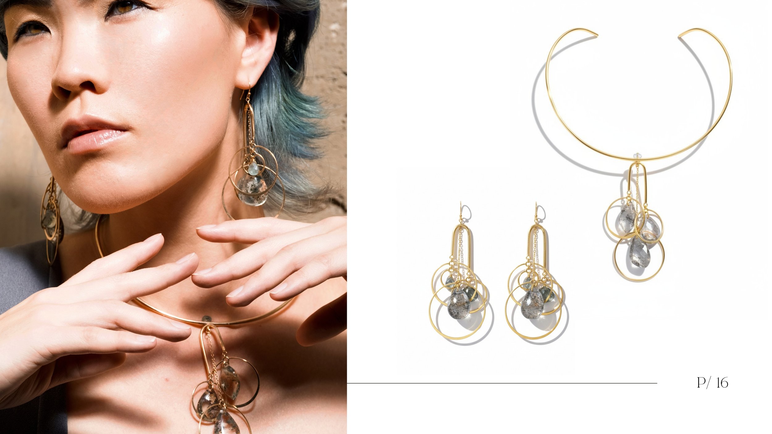 Editorial spread featuring a close-up model portrait and geometric gold jewelry set displayed on a clean white lookbook layout.