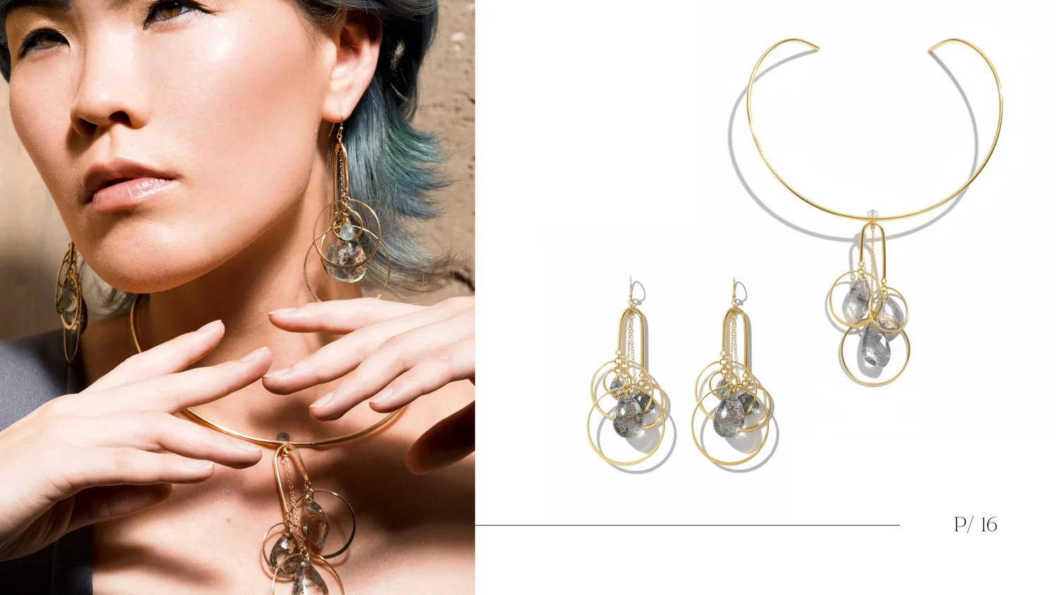 Editorial spread featuring a close-up model portrait and geometric gold jewelry set displayed on a clean white lookbook layout.
