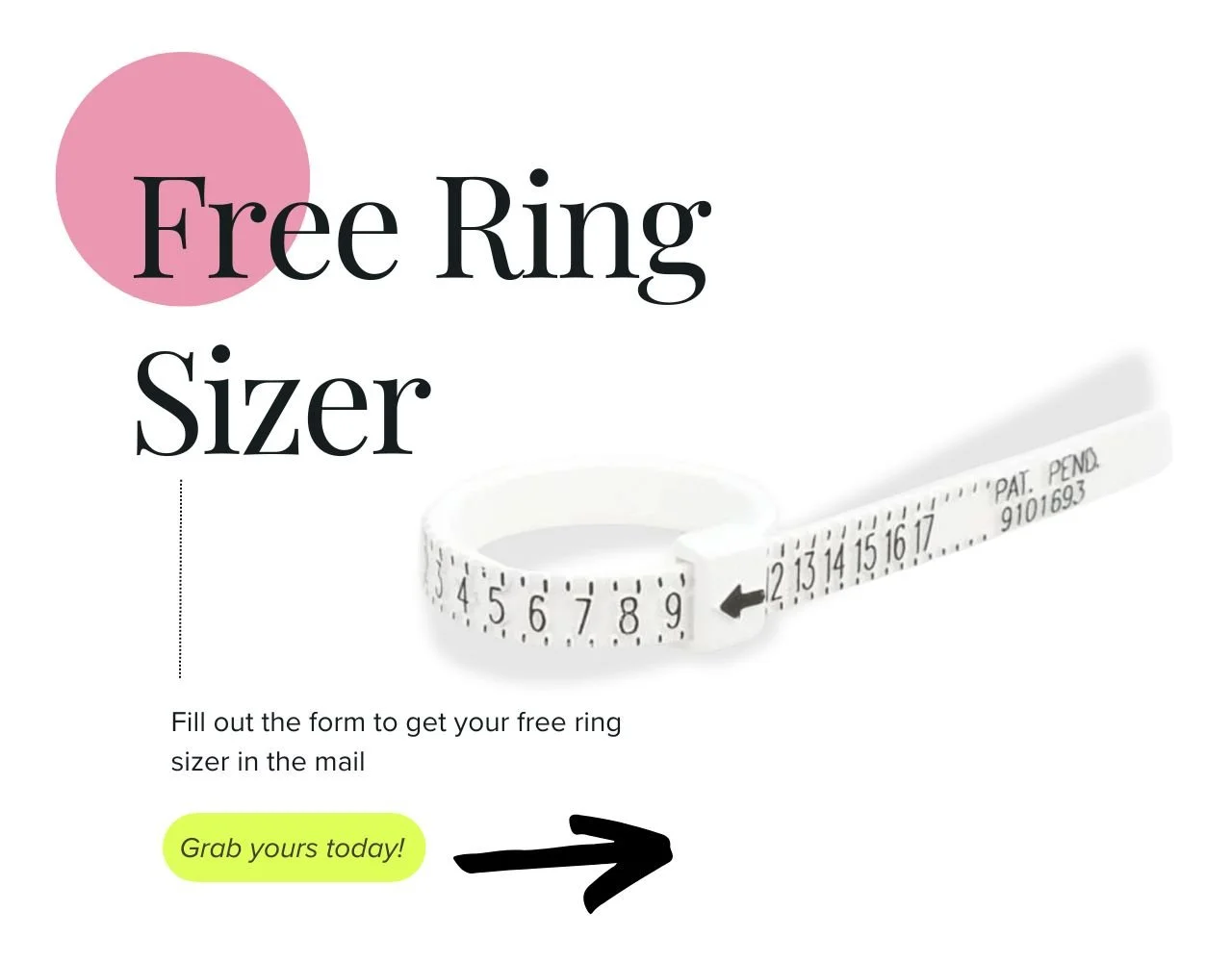 A white plastic ring sizer strip printed with ring sizes