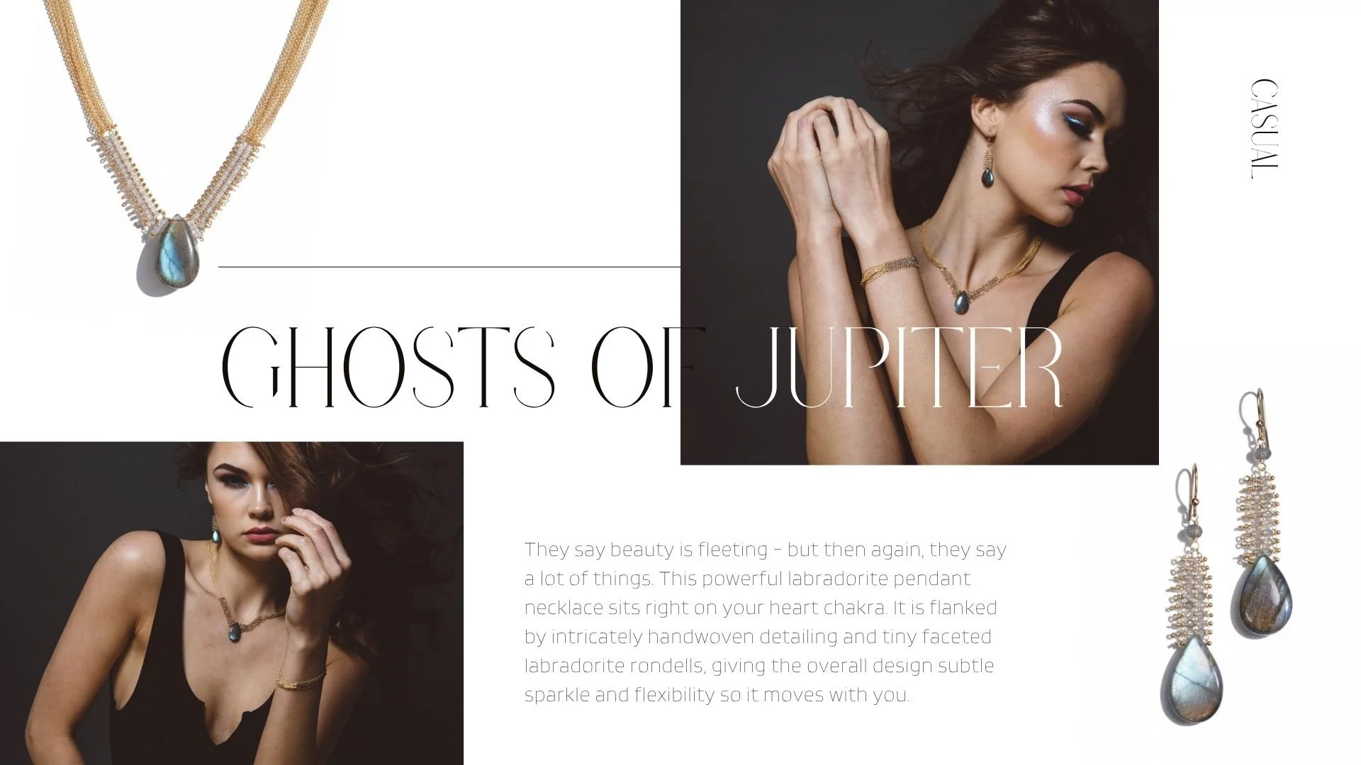 Lookbook page titled “Ghosts of Jupiter,” featuring product and styled photos of a labradorite pendant necklace with gold chain detailing, matching drop earrings, and a model wearing the coordinating jewelry set against a dark, moody background.