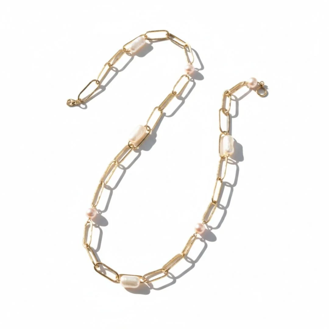 Baroque pearl and paperclip gold link necklace.jpg