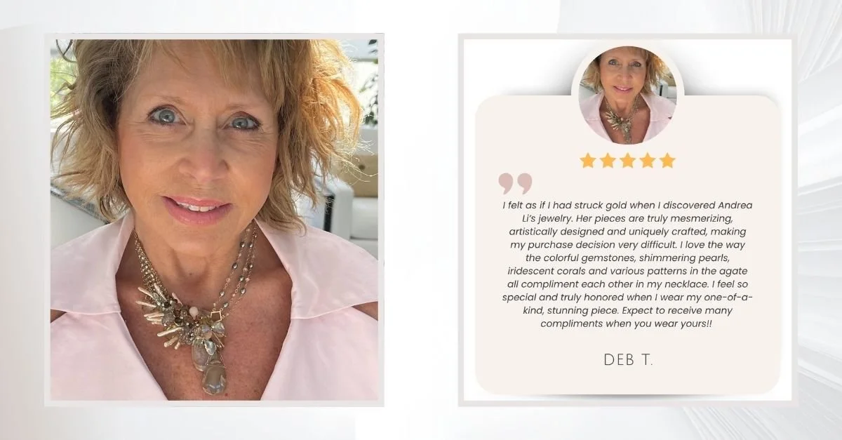Side-by-side image of a woman wearing a layered gemstone statement necklace and a testimonial card with five stars and client quote.