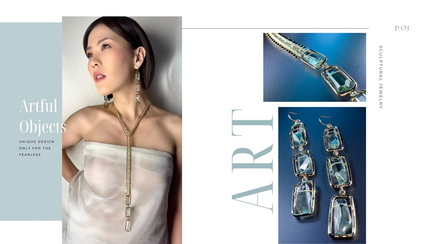 Model wearing a Tamar Collection green amethyst lariat necklace and sculptural drop earrings
