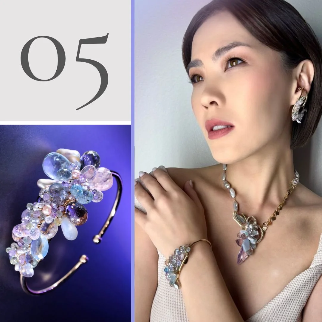 model wearing a pastel gemstone necklace and a product image of a bracelet