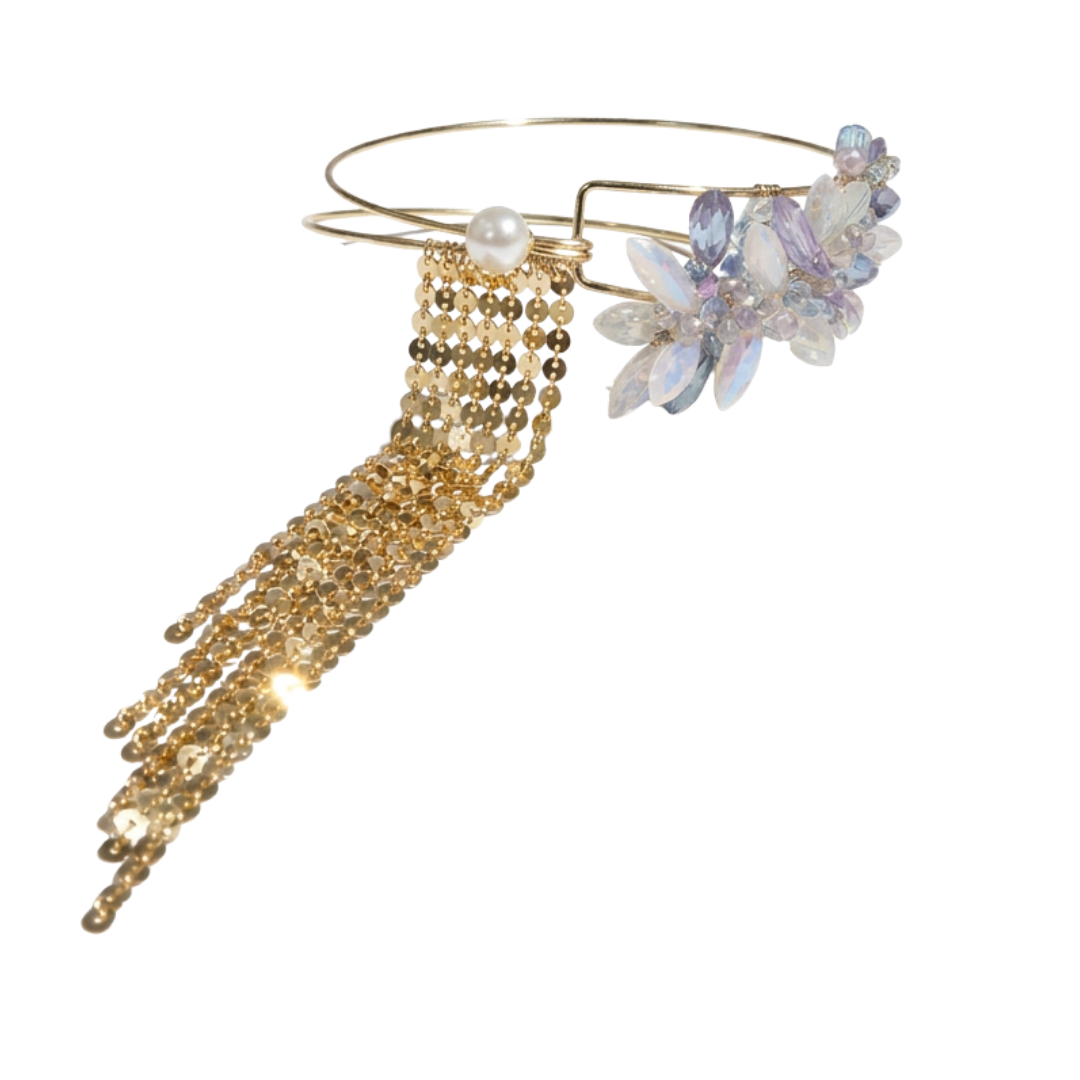 Halo Floating Choker by Andrea Li, a fine gold wire collar with a pearl, a cluster of pale pastel gemstones and a fall of gold sequin chain