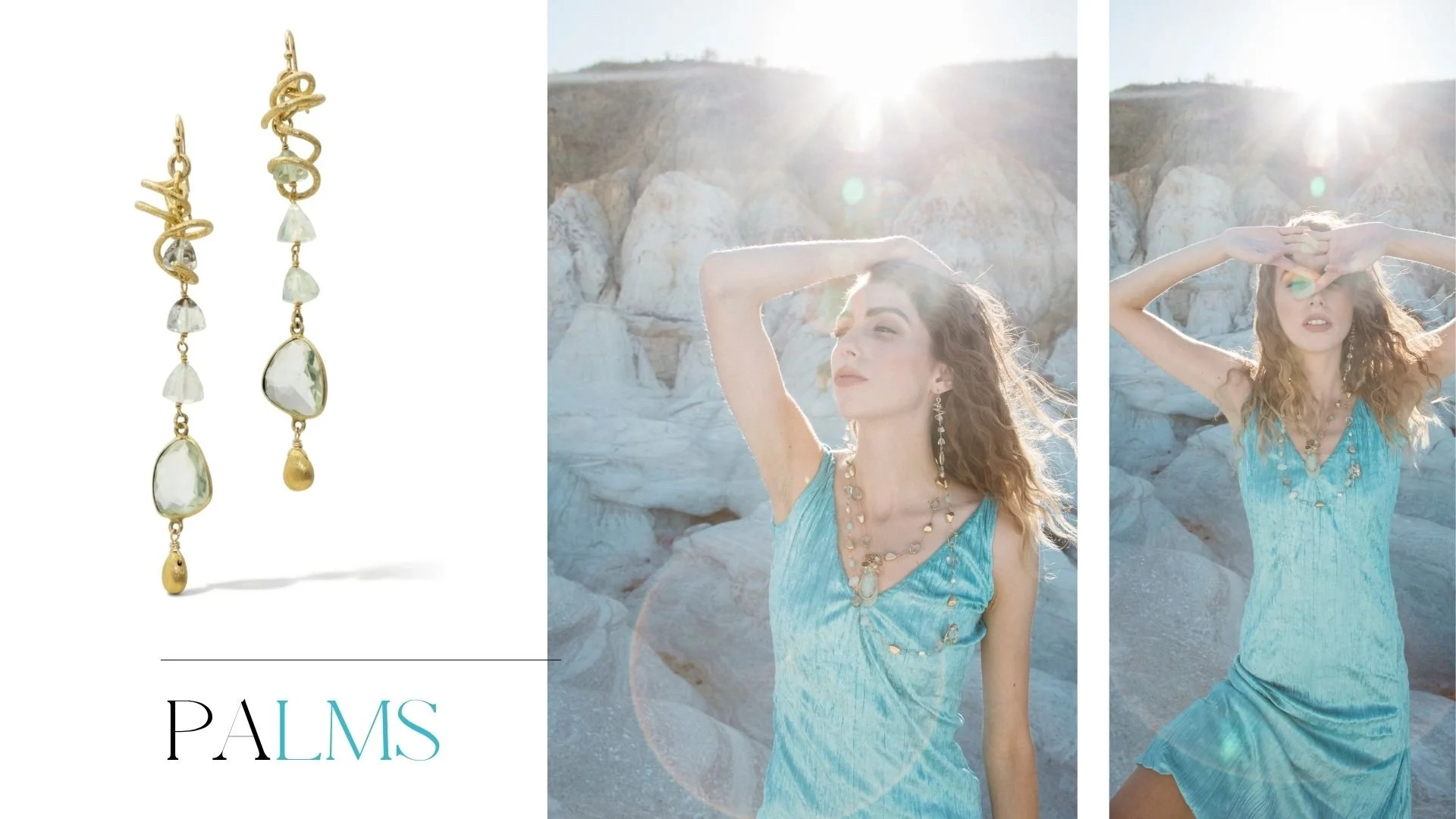 Lookbook spread with dangling pale green gemstone earrings and two sunlit portraits of a model in a flowing aqua dress.
