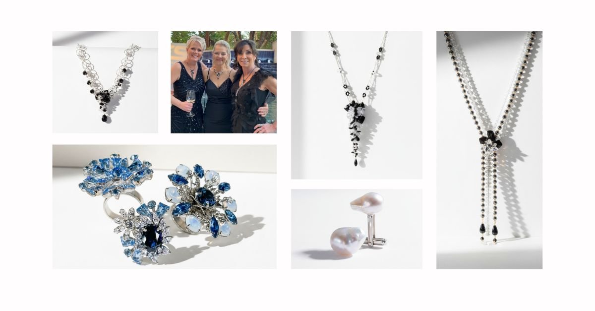 Collage of black-and-silver statement necklaces, blue gemstone rings, pearl cuff links, and three women dressed for an outdoor evening event.