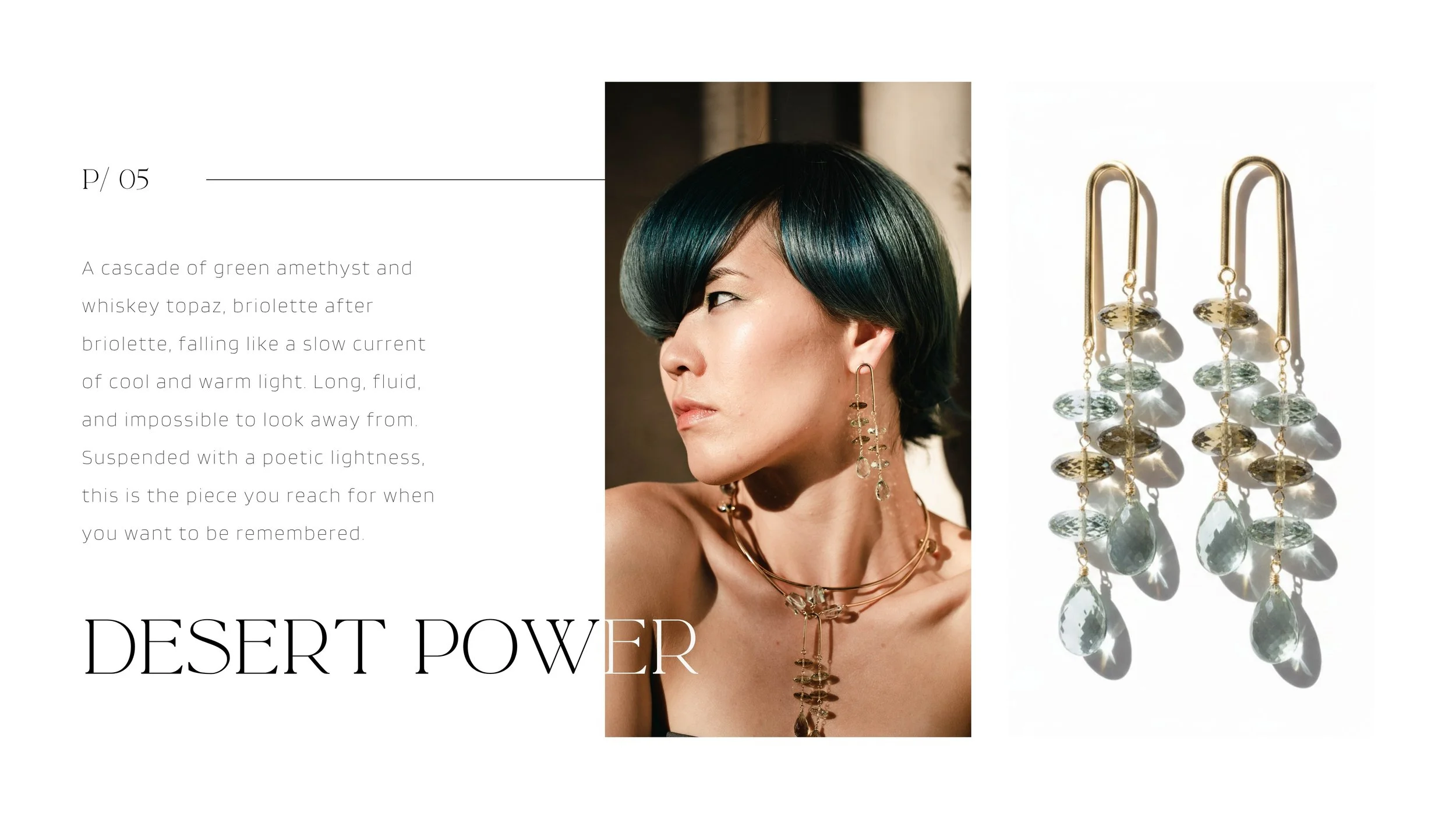 Editorial spread for Desert Power featuring a model in layered gold jewelry, product photography, and descriptive text on a clean layout.