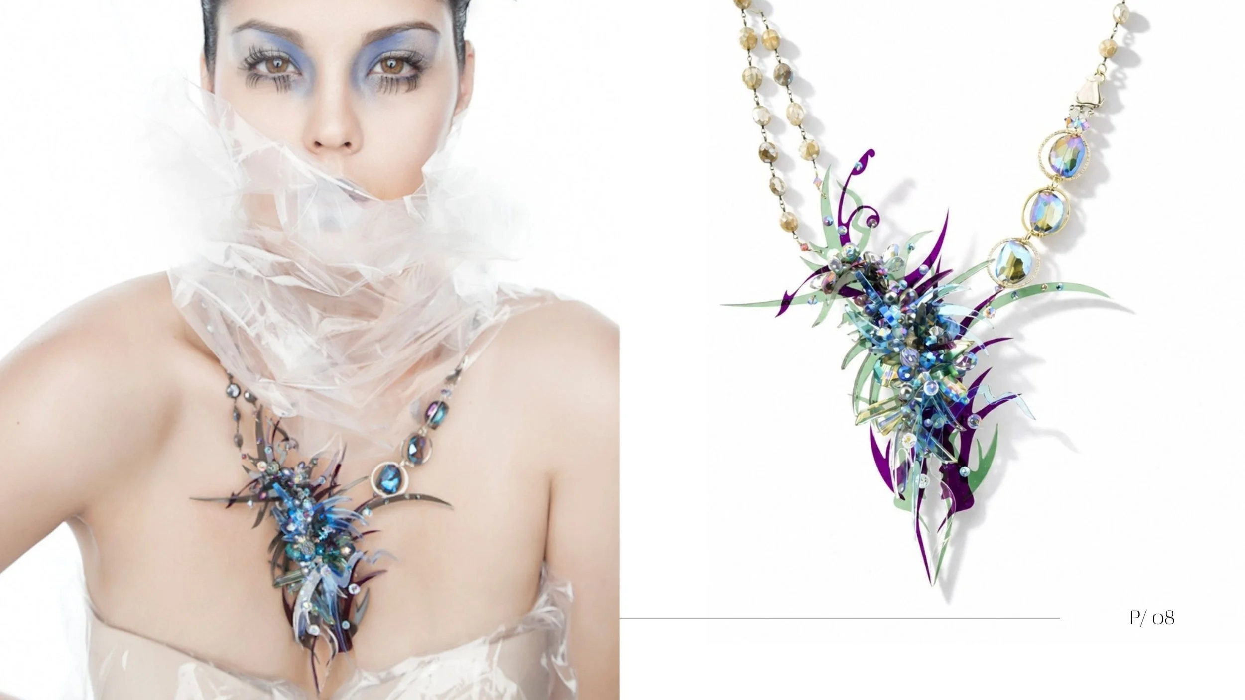 Lookbook spread showing a model wrapped in translucent fabric wearing a sculptural blue, purple, and green crystal necklace.