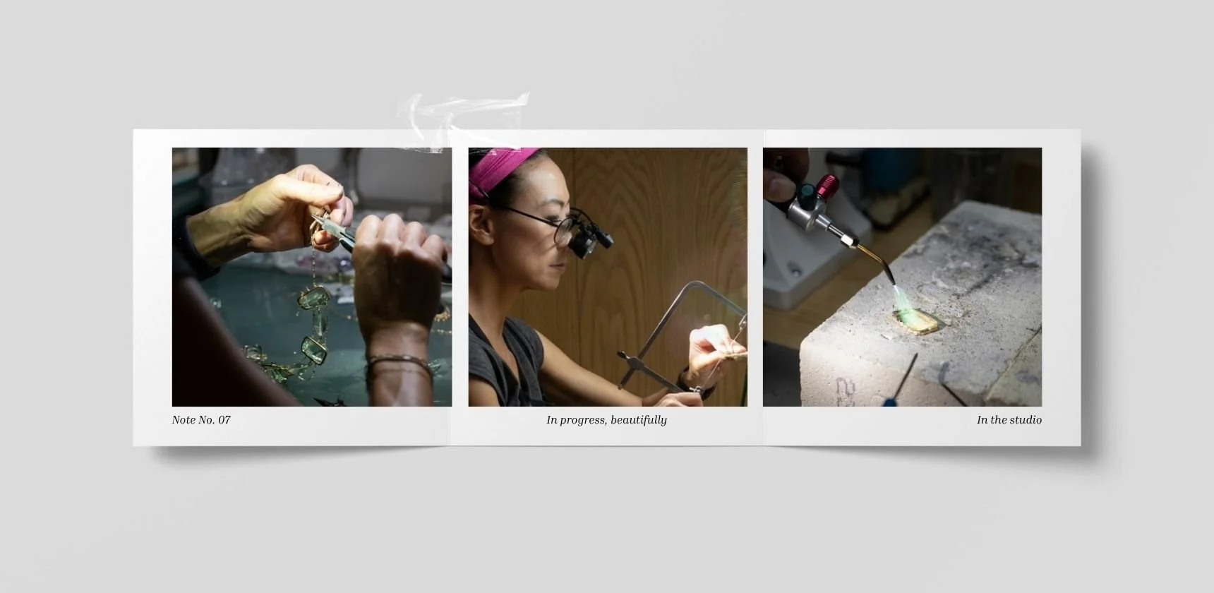 Three-panel studio collage showing a jewelry artist assembling a necklace, sawing metal with magnifying glasses, and soldering.