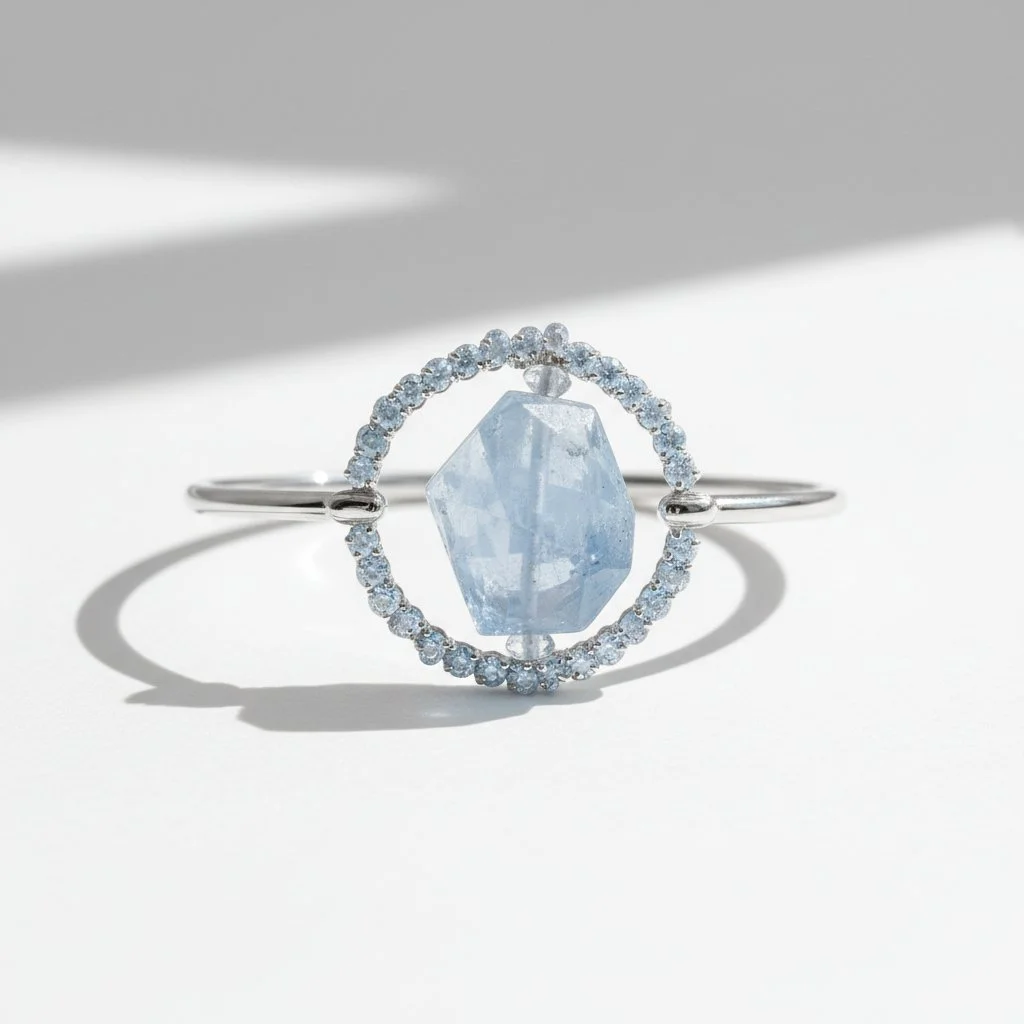 Sterling Silver Large Aquamarine Nugget Circle Link Bracelet