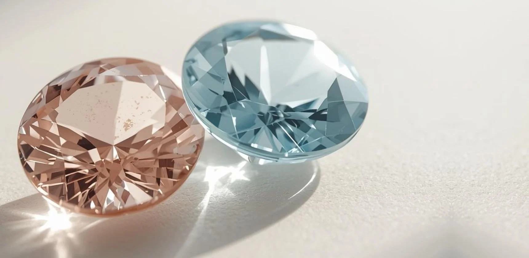 Close up of 2 gemstones, one blue and one a light brown color