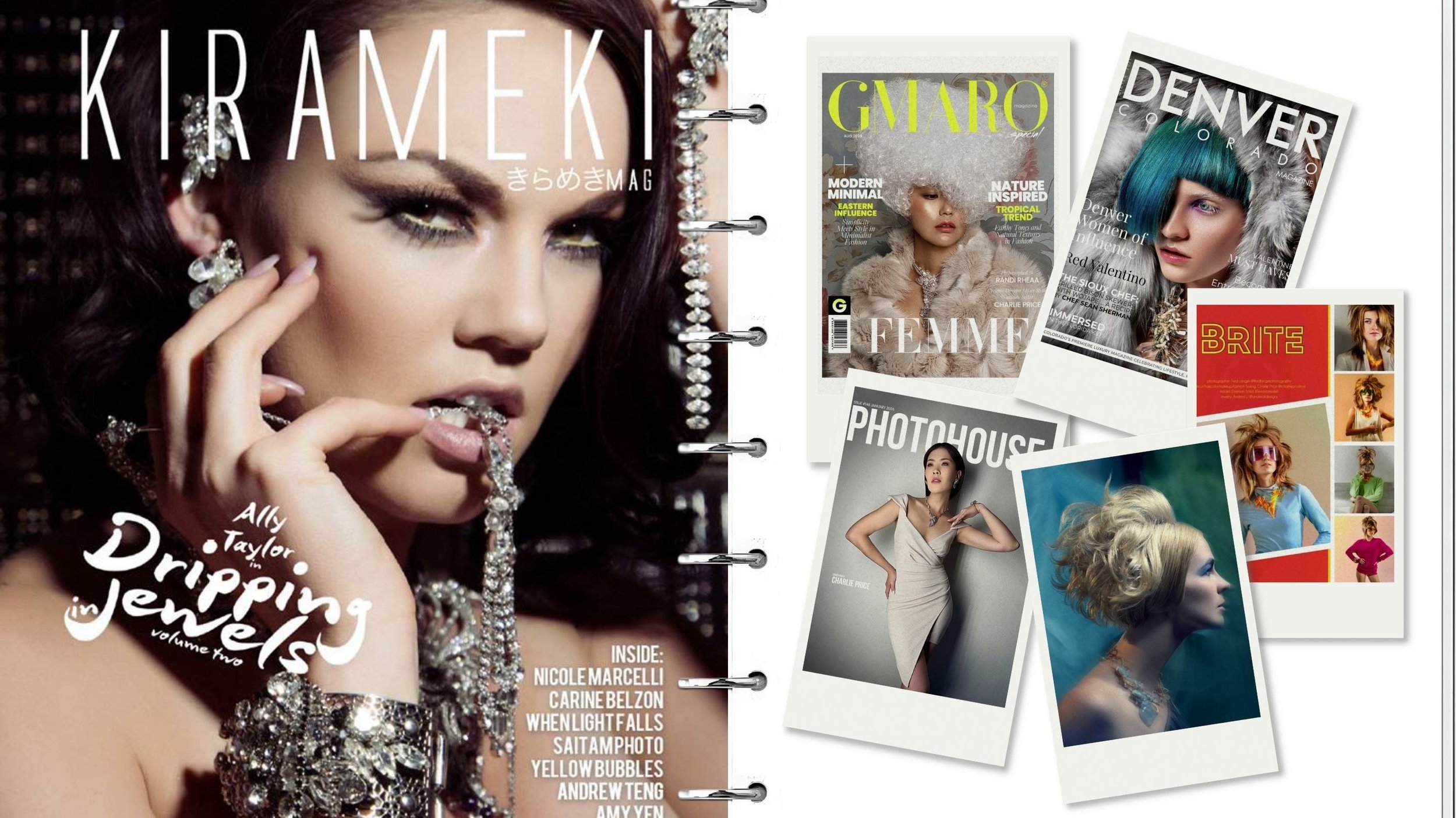 Collage of fashion magazine covers and editorial portraits featuring models styled with dramatic statement jewelry and bold beauty looks.