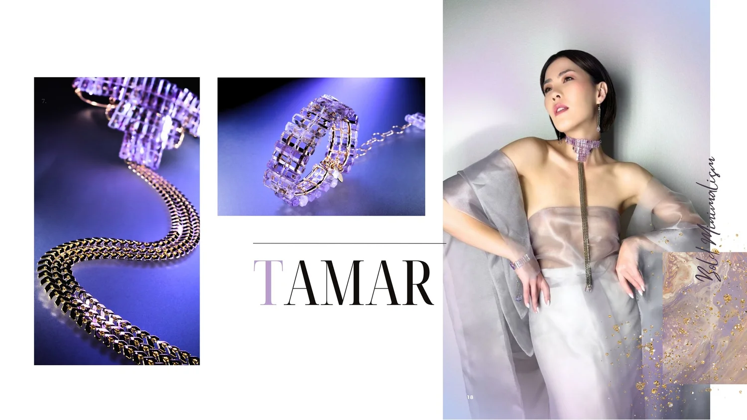Model wearing a Tamar Collection amethyst choker and bracelet by Andrea Li
