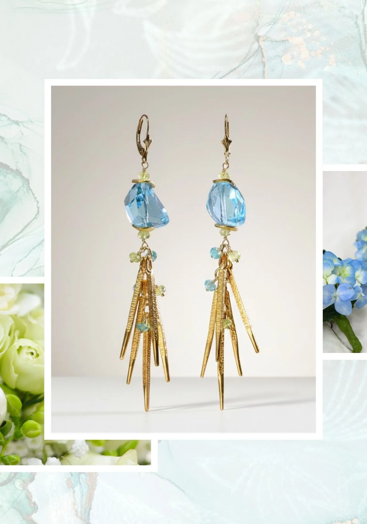 Gold drop earrings with faceted blue crystals and spiked fringe, framed by soft aqua wedding florals and marble textures.
