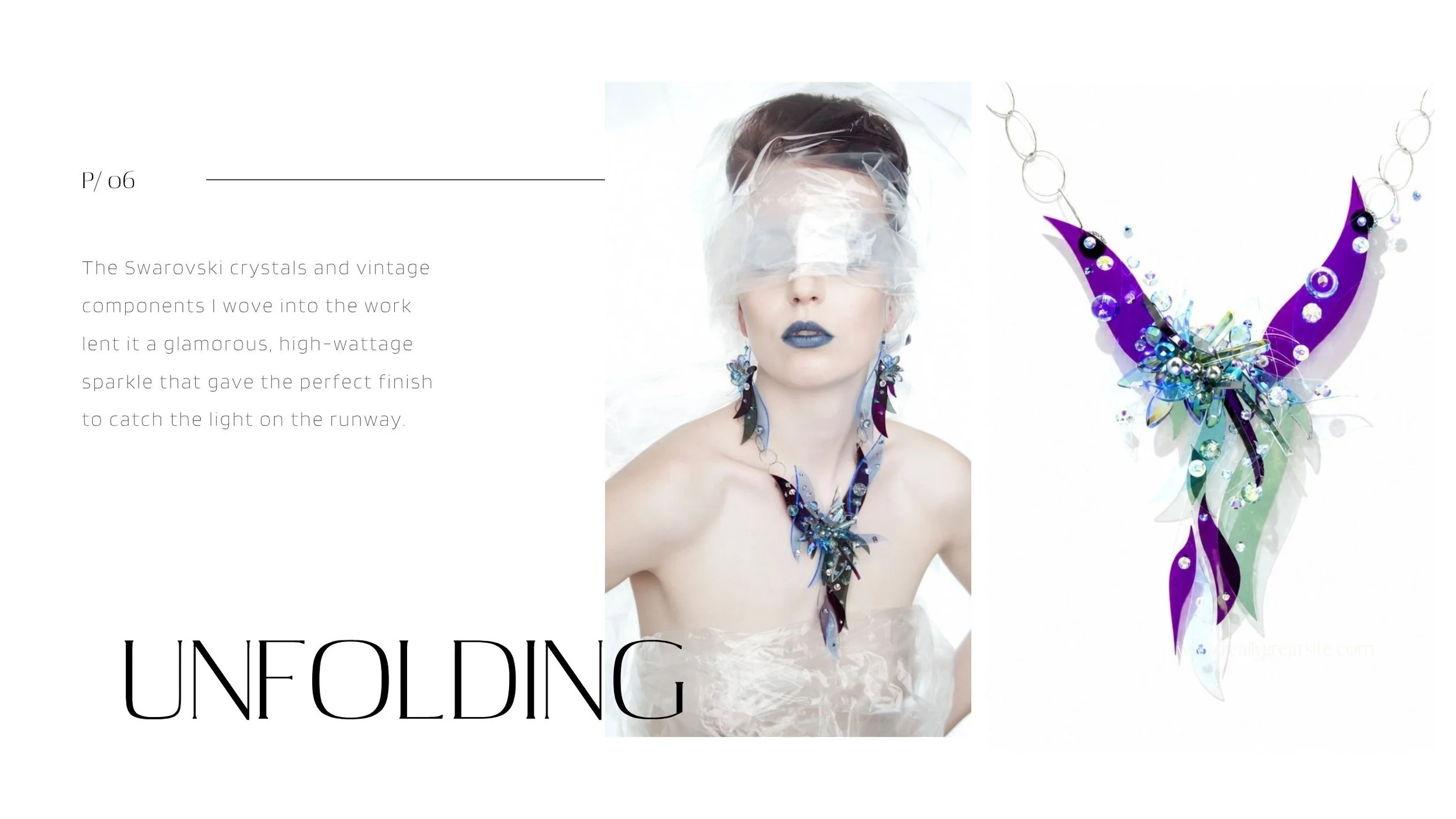 Unfolding lookbook spread featuring a veiled model with blue lipstick and sculptural purple, blue, and green crystal jewelry.