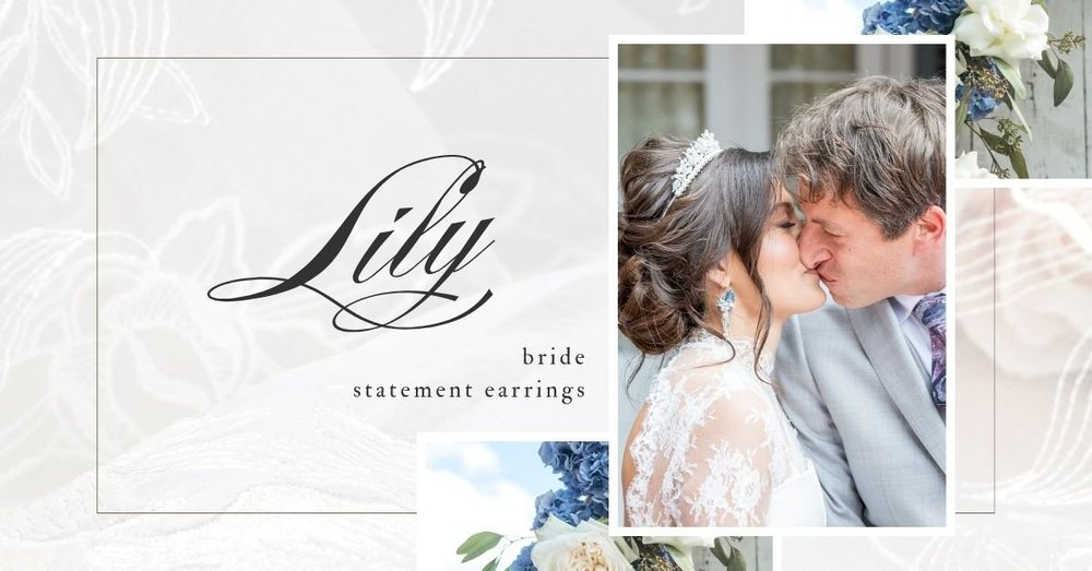 Bridal jewelry feature graphic with the words "Lily bride statement earrings" beside a photo of a bride and groom kissing, accented with soft blue and white floral details on a light textured background.