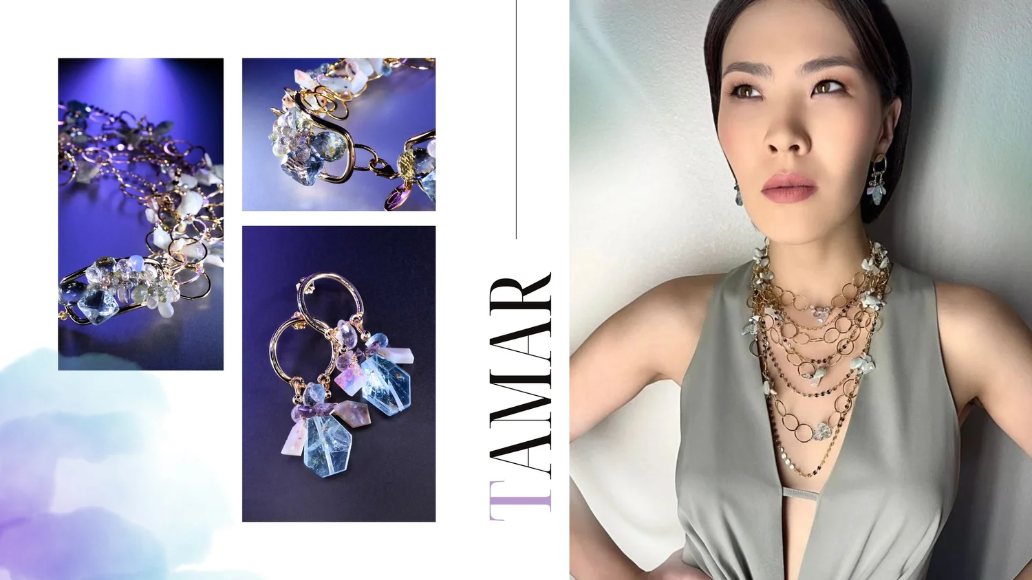 Model wearing layered Tamar Collection pastel gemstone necklaces and earrings