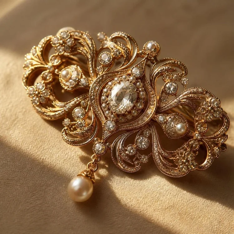 Edwardian-style gold brooch with scrolling filigree, clear stones and a pearl drop