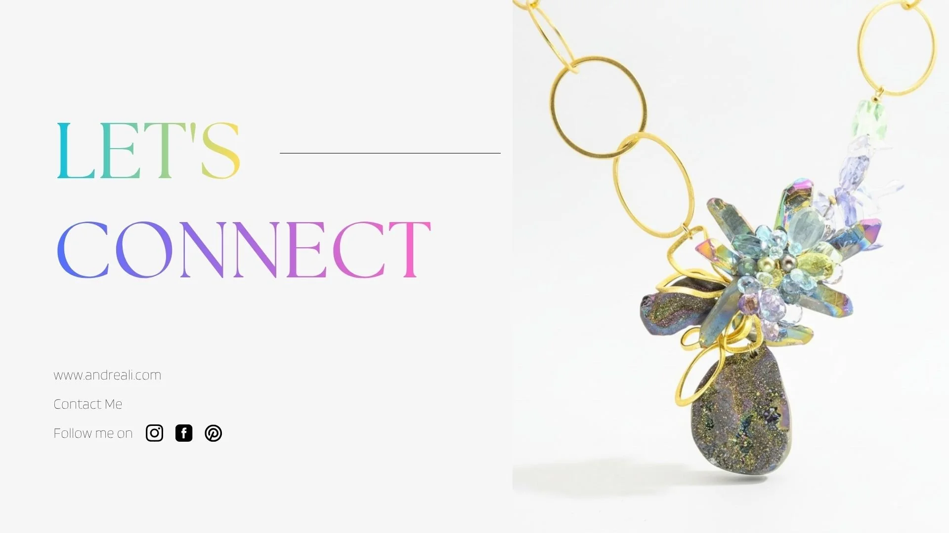 Let’s Connect page with rainbow-gradient text and a crystal cluster necklace pendant on a gold chain against white.