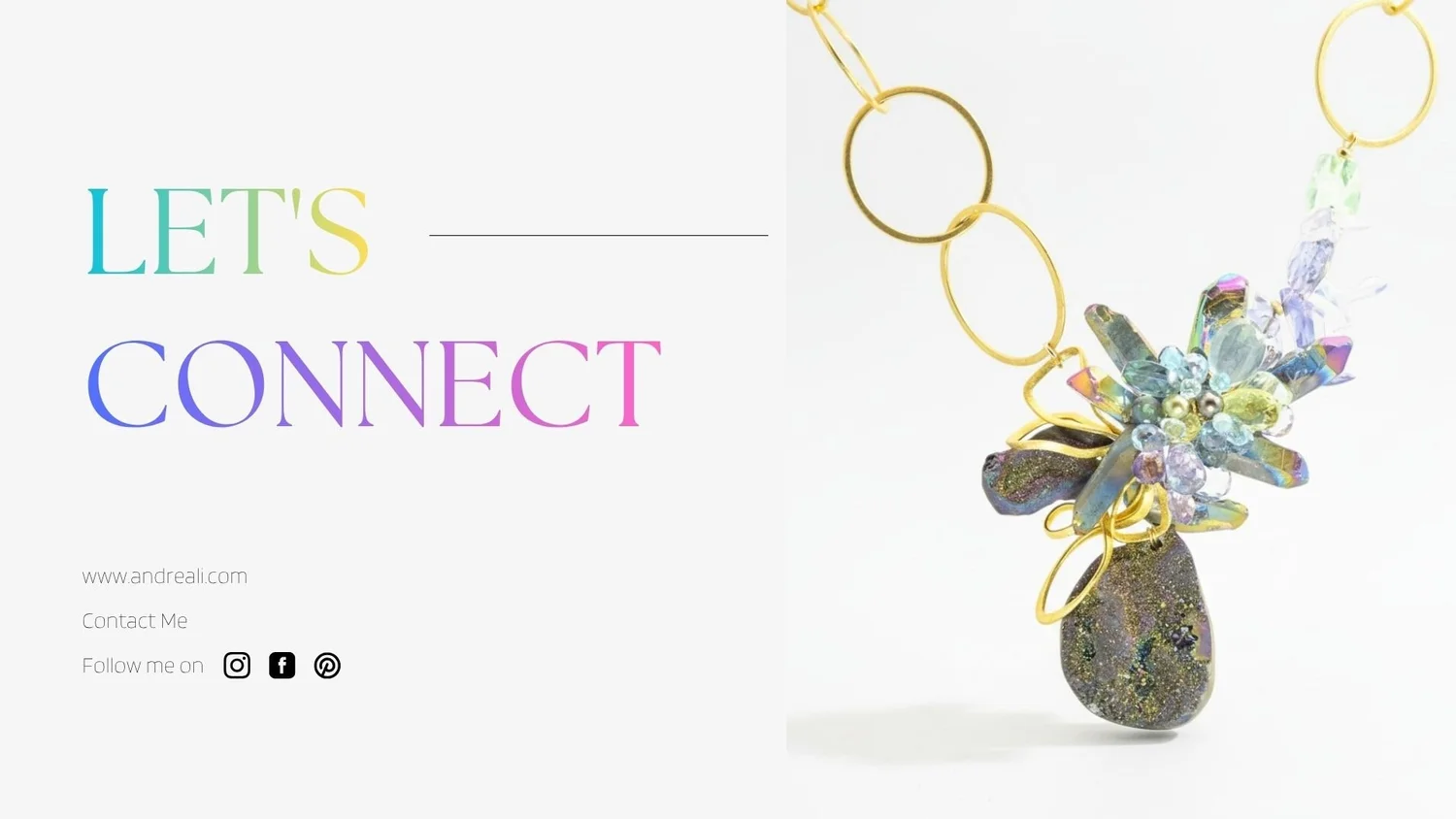 Let’s Connect page with rainbow-gradient text and a crystal cluster necklace pendant on a gold chain against white.