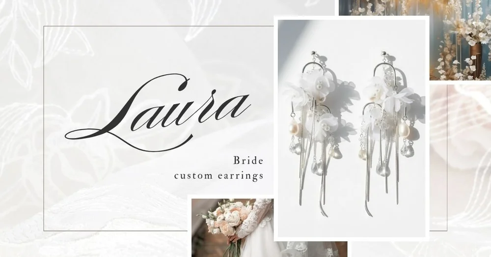 Client story graphic for Laura, bride, custom earrings: long white floral cluster earrings with crystal drops