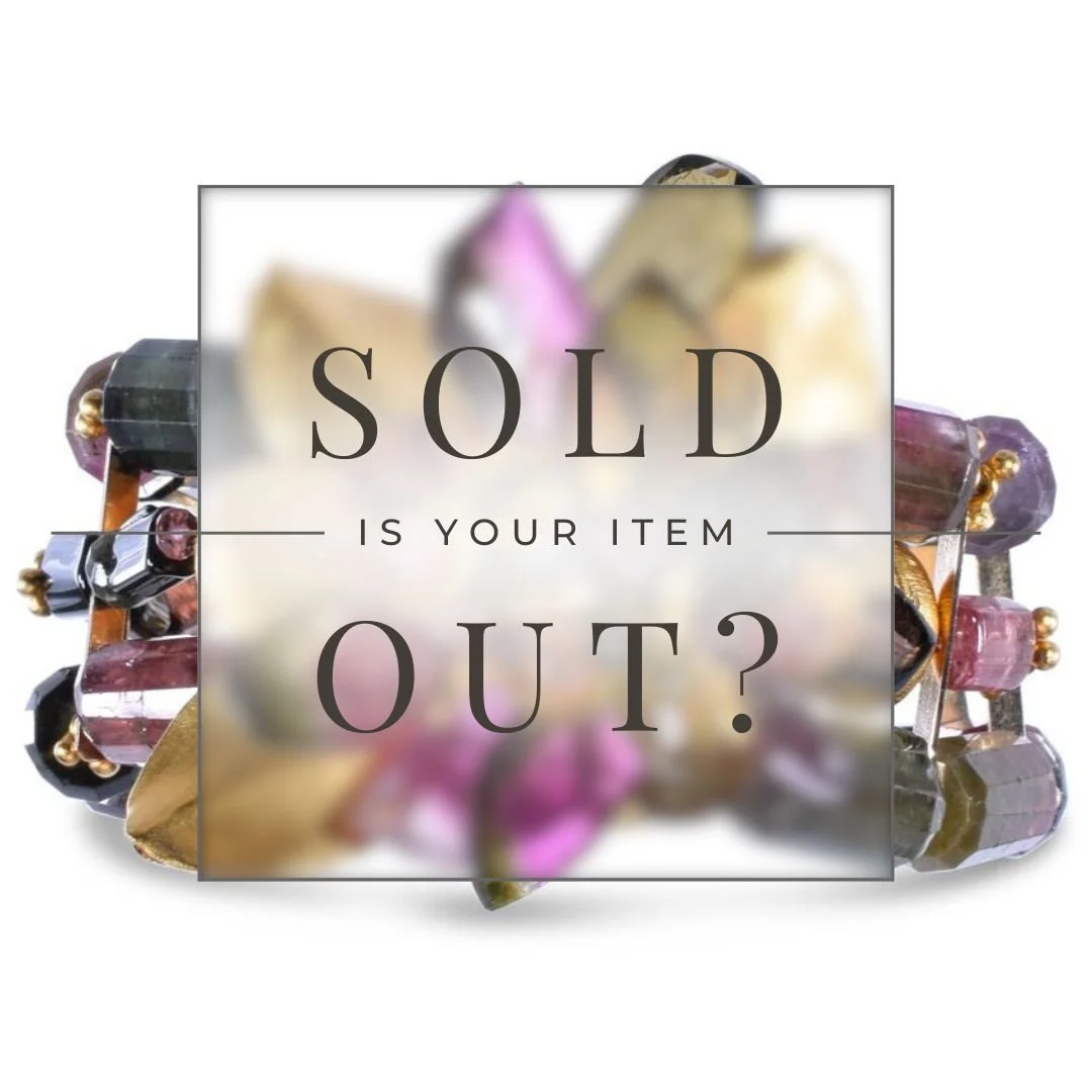 Graphic with blurred gemstone jewelry background and overlay text reading SOLD IS YOUR ITEM OUT? inside a thin square frame.
