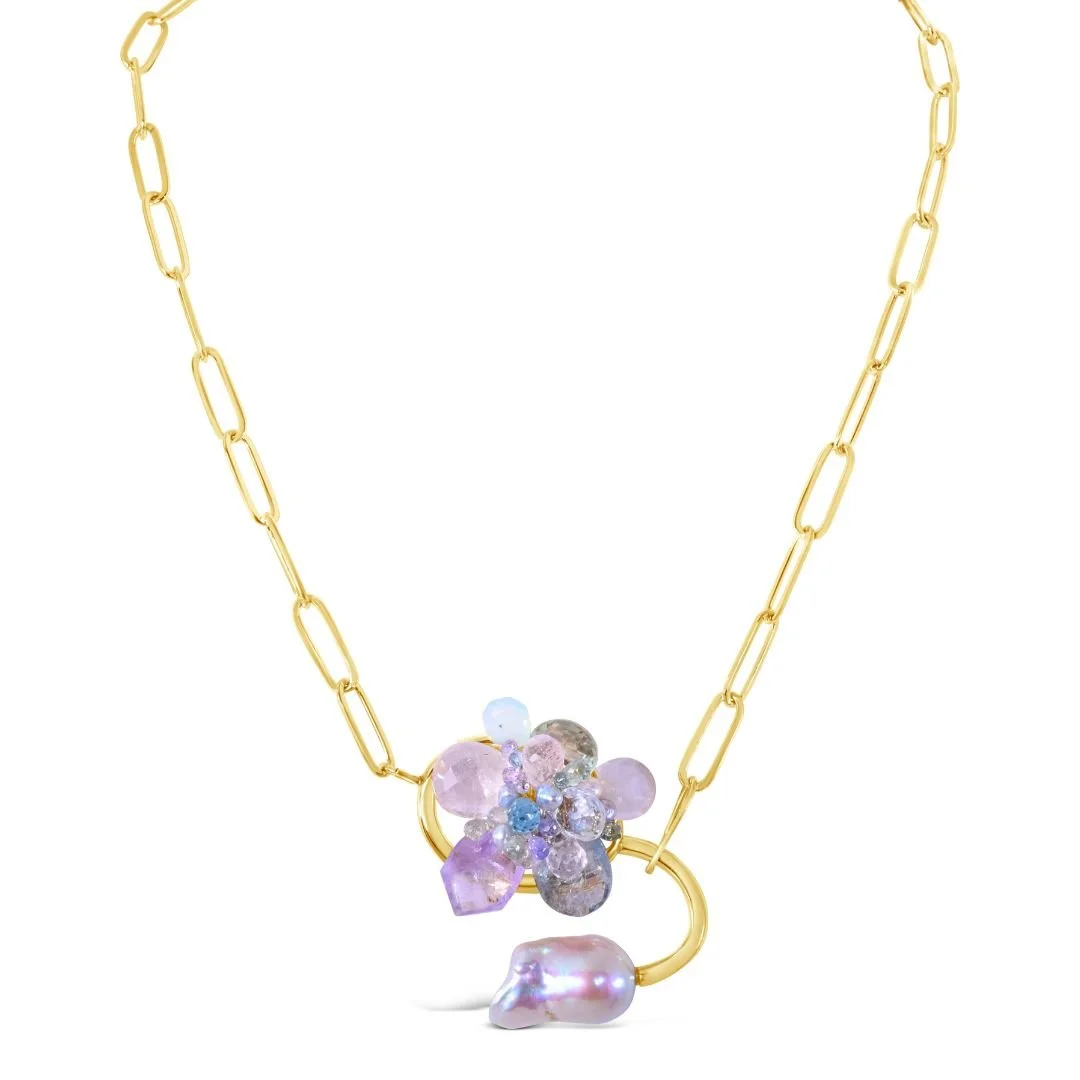 Gold Paperclip chain necklace with a pastel gemstone connector