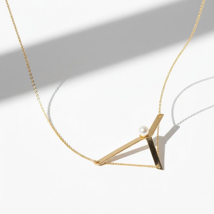 Gold Geometric And Pearl Necklace, by Andrea Li