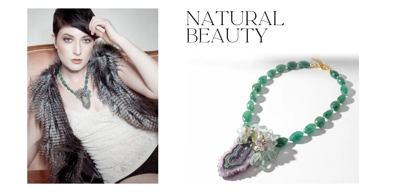 Lookbook spread titled Natural Beauty: a model in a lace top and a fur stole wearing an amethyst stalactite pendant on a strand of green gemstone beads, beside the same necklace on white