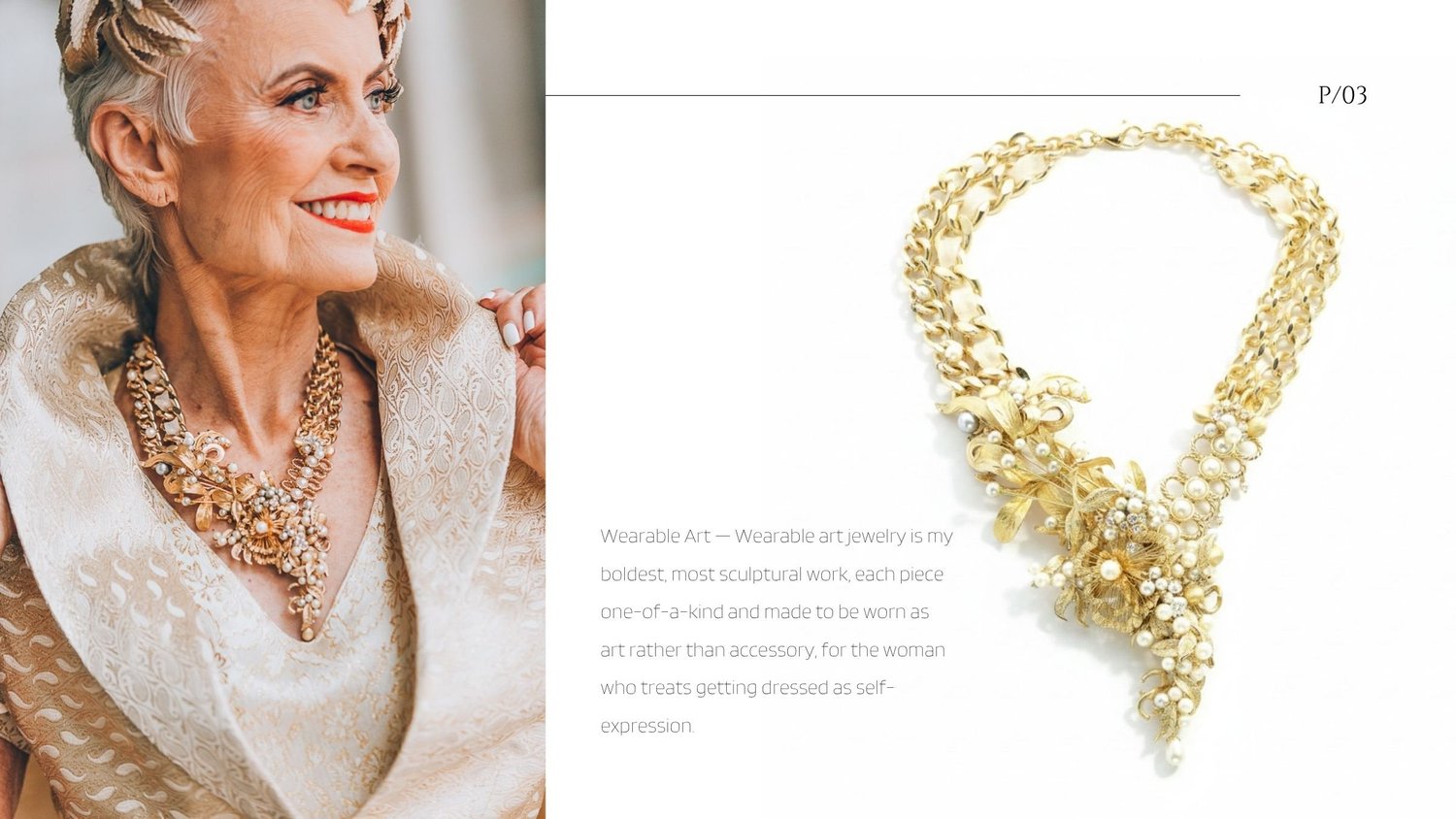 Style Crone in a gold and pearl statement necklace, a one-of-a-kind wearable art piece by Andrea Li