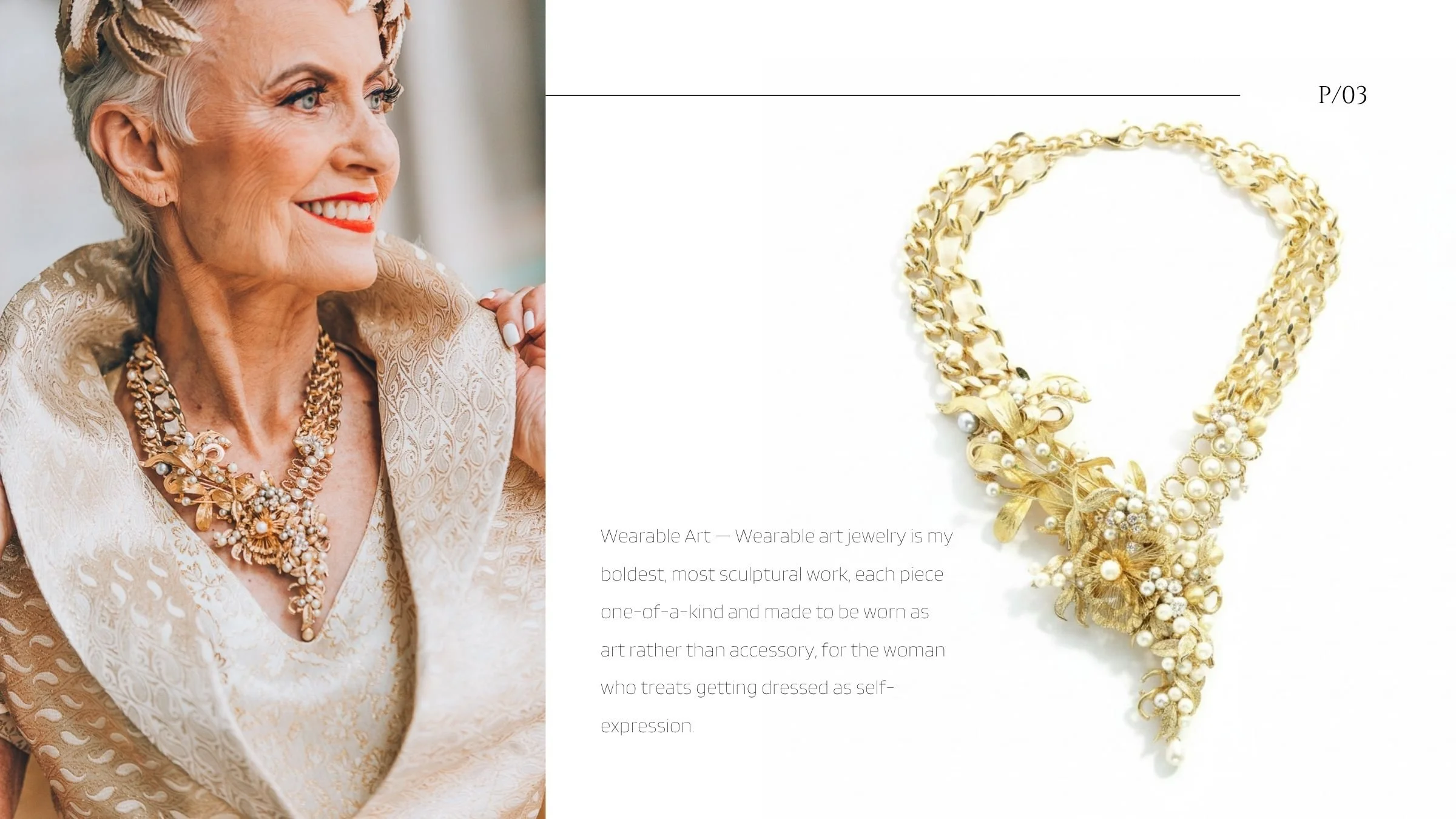 Style Crone in a gold and pearl statement necklace, a one-of-a-kind wearable art piece by Andrea Li