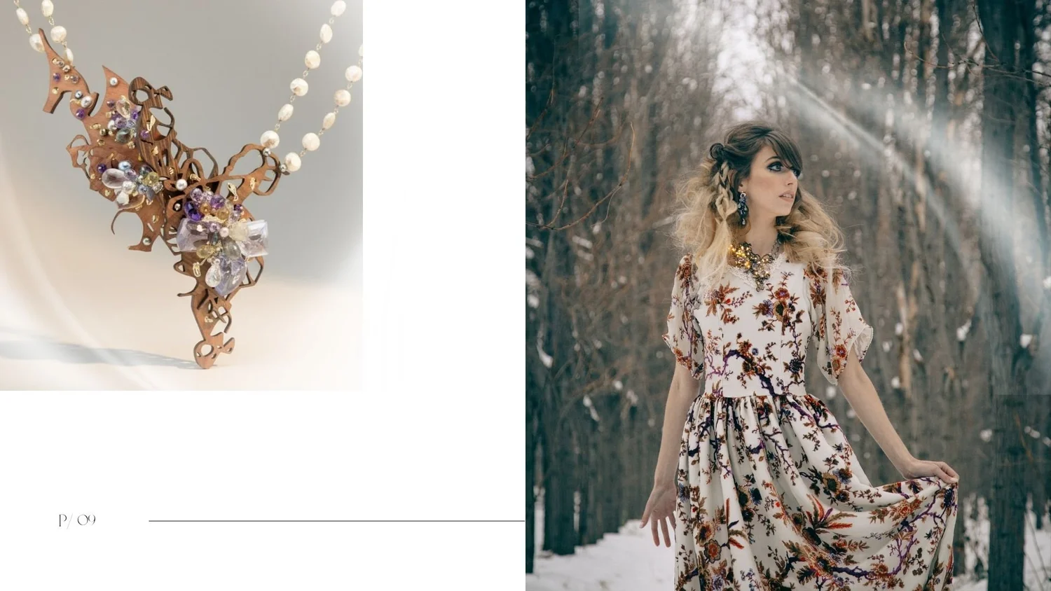 Editorial-style lookbook spread featuring a product photo of an organic wood-and-gemstone statement necklace alongside a winter portrait of a model in a floral dress wearing coordinating nature-inspired jewelry in a snowy forest.