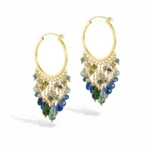 Gold hoop earrings with a fringe of blue and green gemstone drops, by Andrea Li