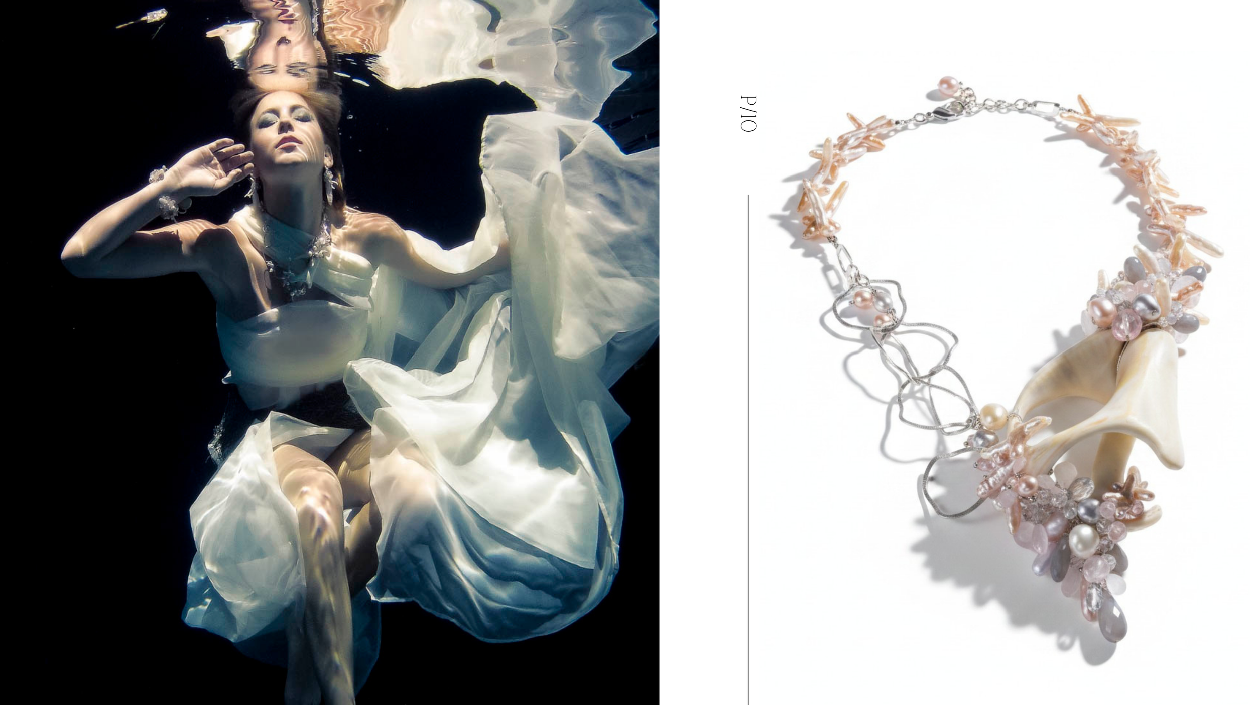 An underwater portrait wearing a pearl and shell necklace by Andrea Li