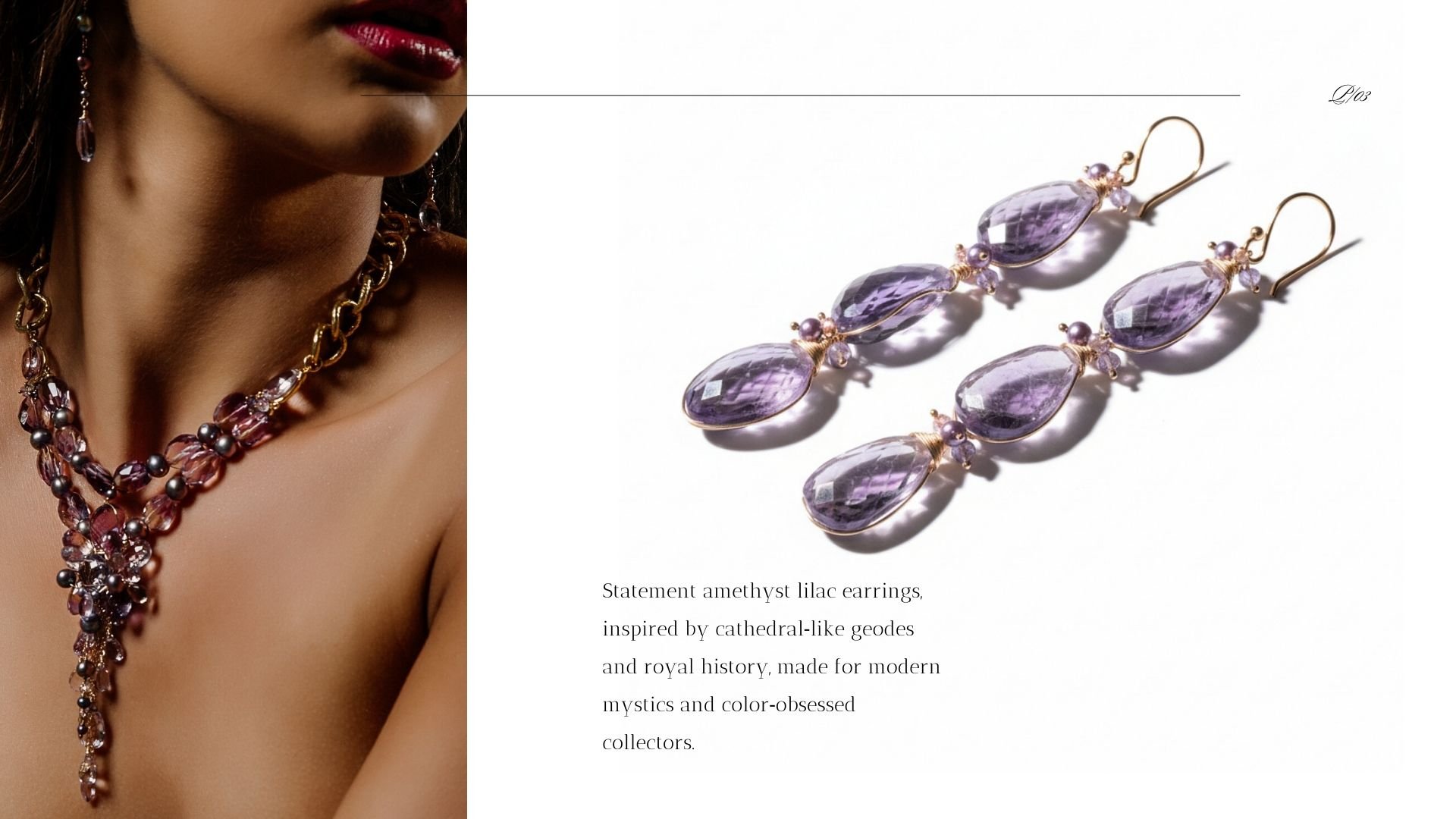 Close-up of a model wearing a dramatic amethyst statement necklace and matching drop earrings, alongside a product flat lay of lilac amethyst teardrop earrings on a white background with descriptive text.