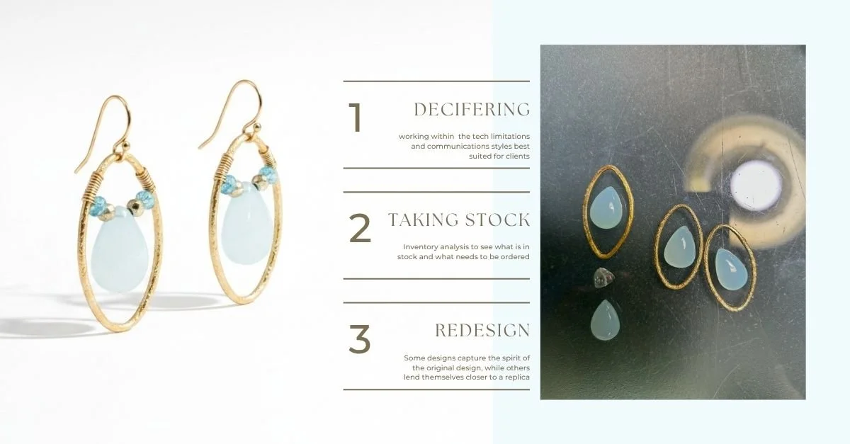 Infographic showing pale blue gemstone hoop earrings, a three-step design process, and matching stone layout on a soft neutral background.
