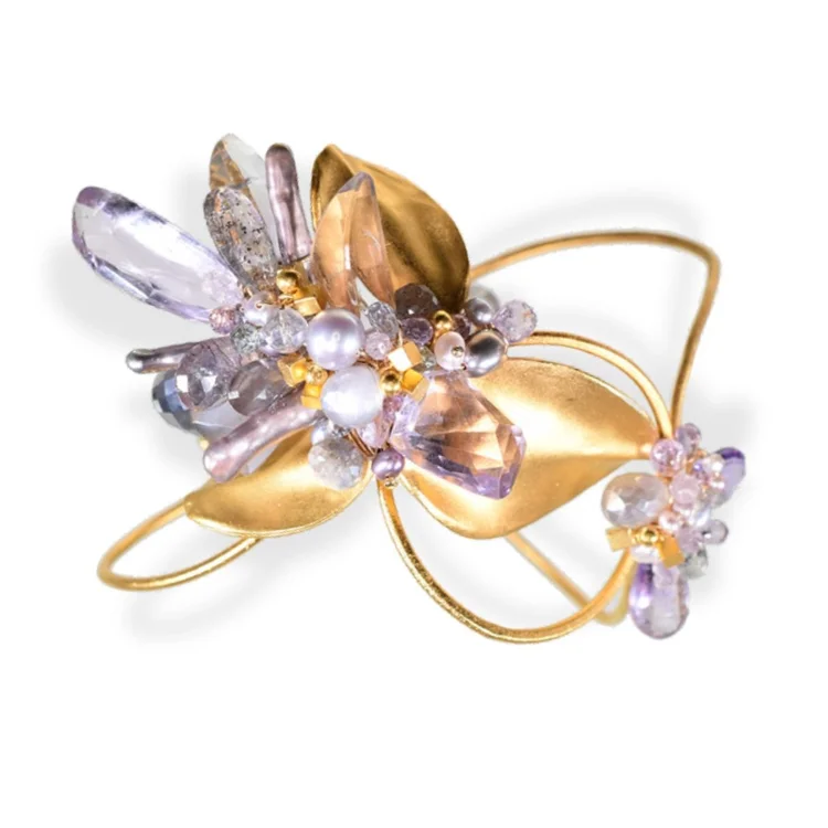 Andrea Li gold wire cuff bracelet with gold leaves, pearls and lavender gemstones, by Andrea Li