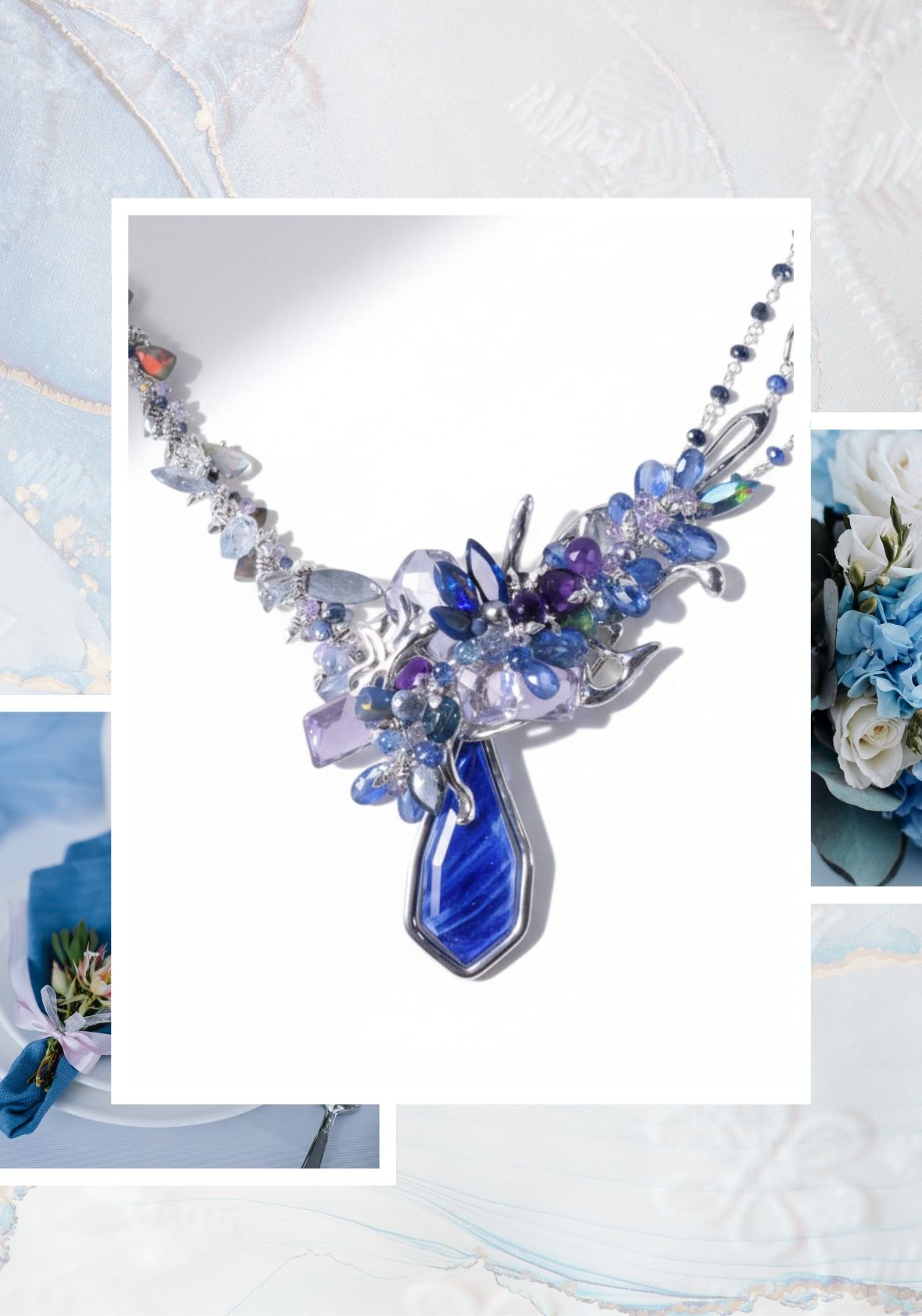 Statement necklace with blue, violet, and crystal gemstones on silver, framed by soft wedding florals and pale table details.