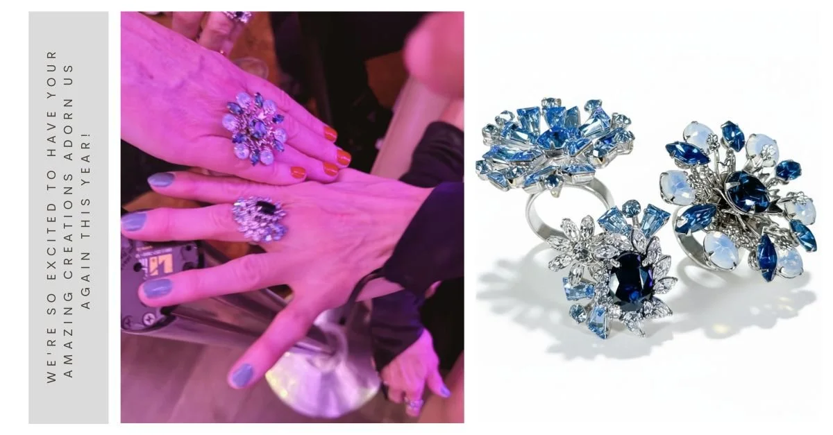 Split image of women wearing oversized blue statement rings at an event beside studio shots of three coordinating blue gemstone rings.