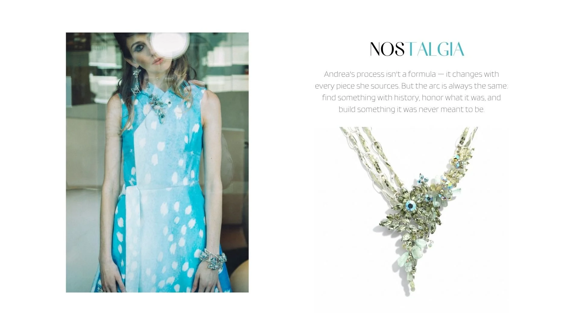 Mod lookbook spread featuring crystal statement jewelry, sparkling drop earrings, and a mirrored colorful model portrait.