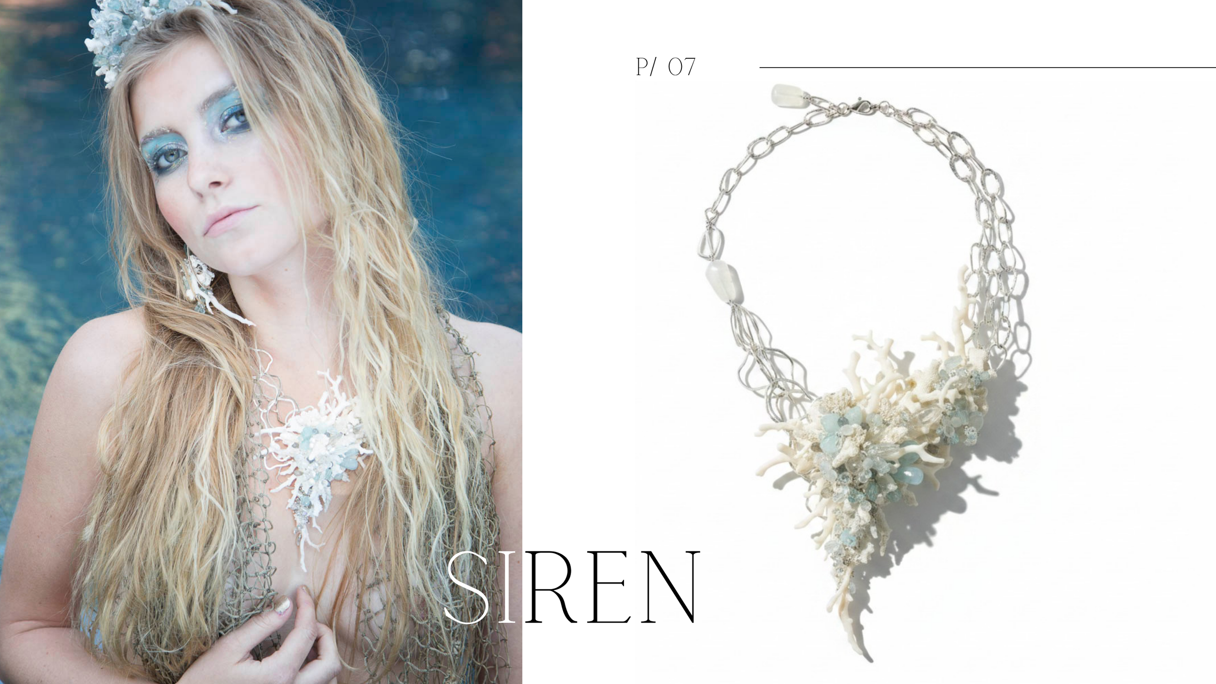 A model in a coral crown wearing a white coral and aquamarine statement necklace by Andrea Li