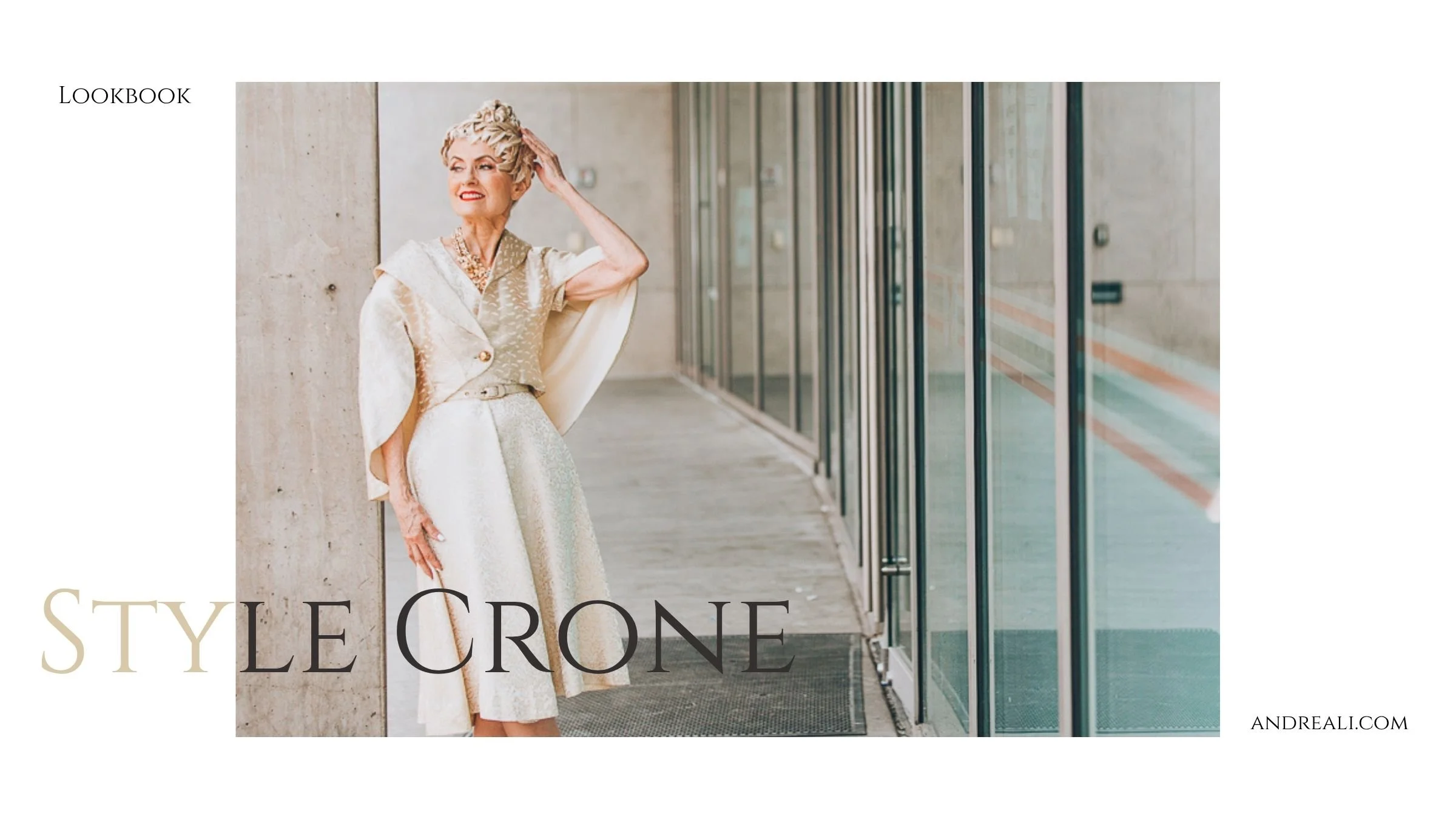 Style Crone, Judith Boyd, in a gold statement necklace by Andrea Li, the cover of the Wearable Art lookbook